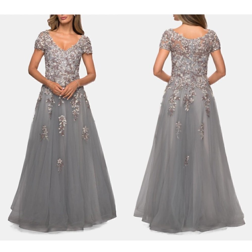 LA FEMME Beaded Lace Applique Short Sleeve A-line Gown in Gray Size US 12